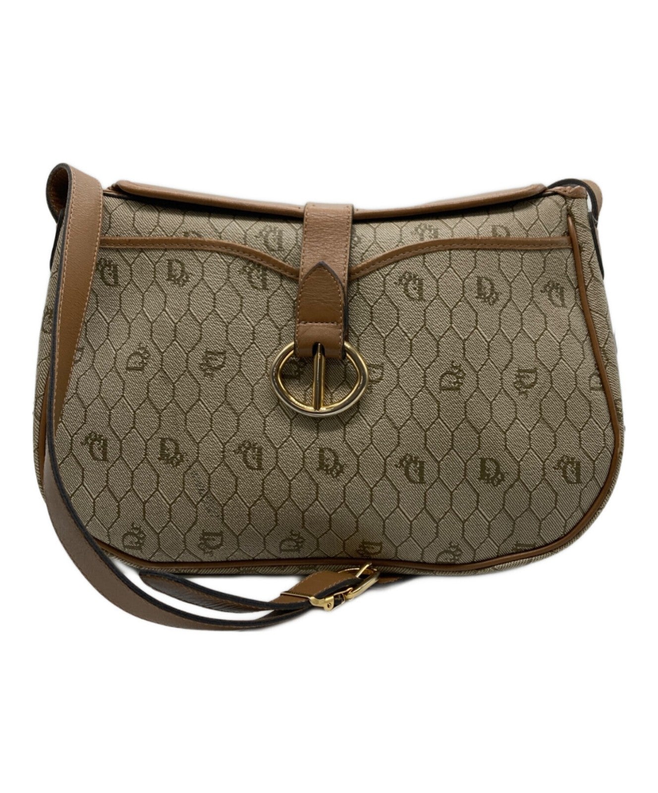 Dior Honeycomb Shoulder Bag Beige Canvas Leather Vintage Authentic 1112