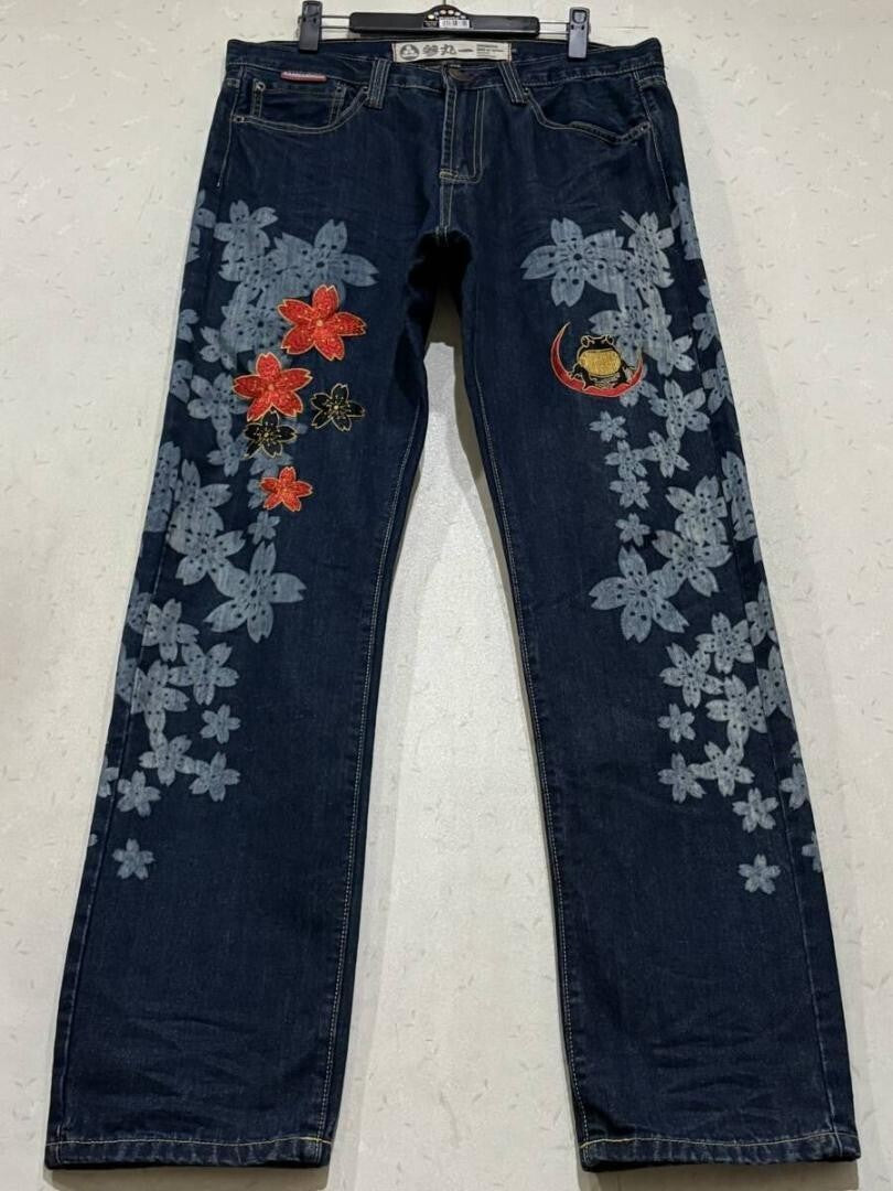 Used SANMARUICHI Denim Jeans Pants Sakura Floral Embroidered Blue Size 32 Ex+