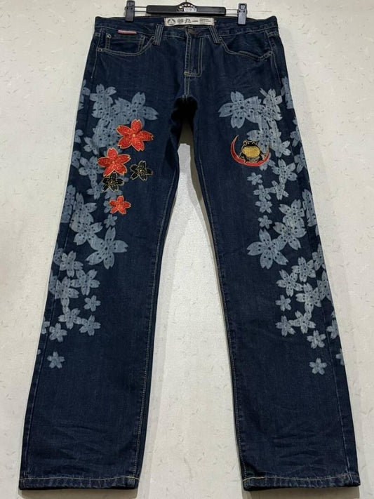 Used SANMARUICHI Denim Jeans Pants Sakura Floral Embroidered Blue Size 32 Ex+