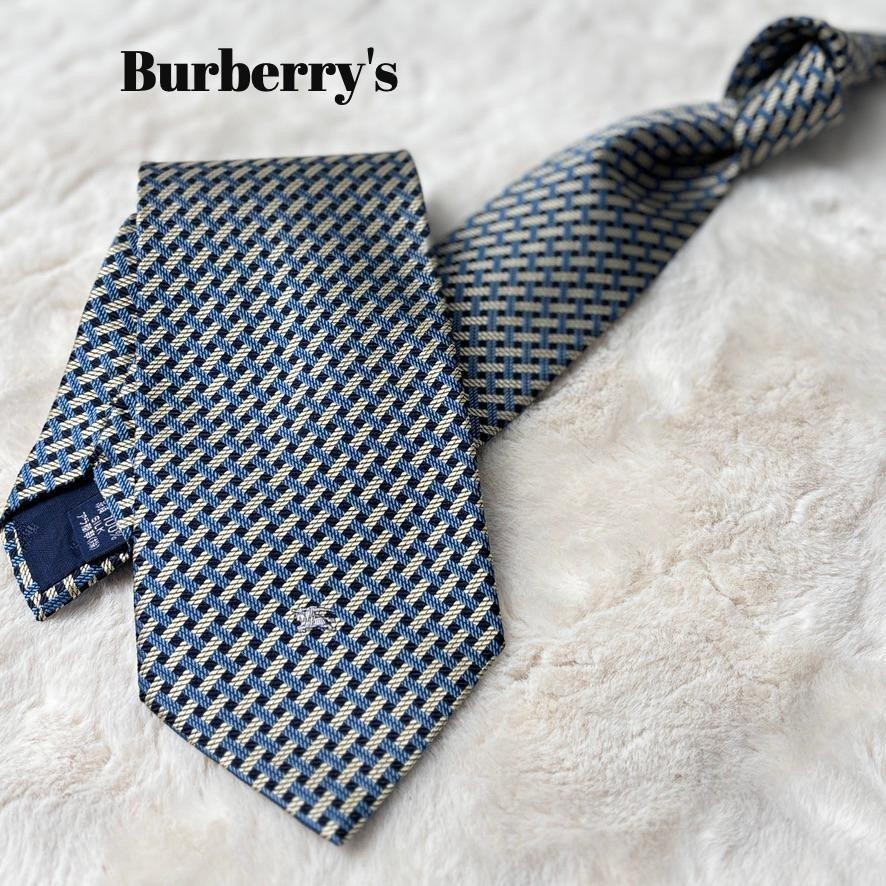 Burberry Unused Silk Tie Horse Check Blue Yellow Navy Elegant Condition
