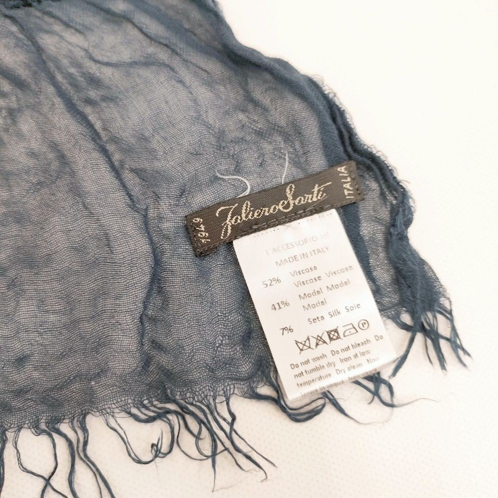 Faliero Sarti Italian rayon silk large fringe scarf stole Navy 5-0723M◎
