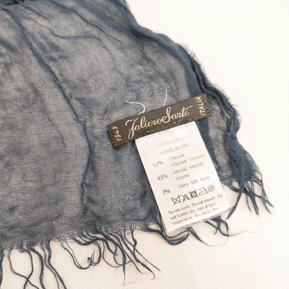 Faliero Sarti Italian rayon silk large fringe scarf stole Navy 5-0723M◎