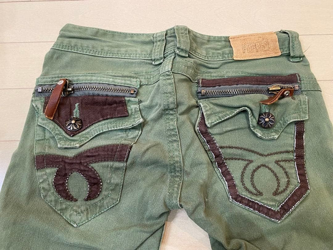 RED PEPPER Skinny Denim Pants Khaki Embroidery Zip Y2K Size 25