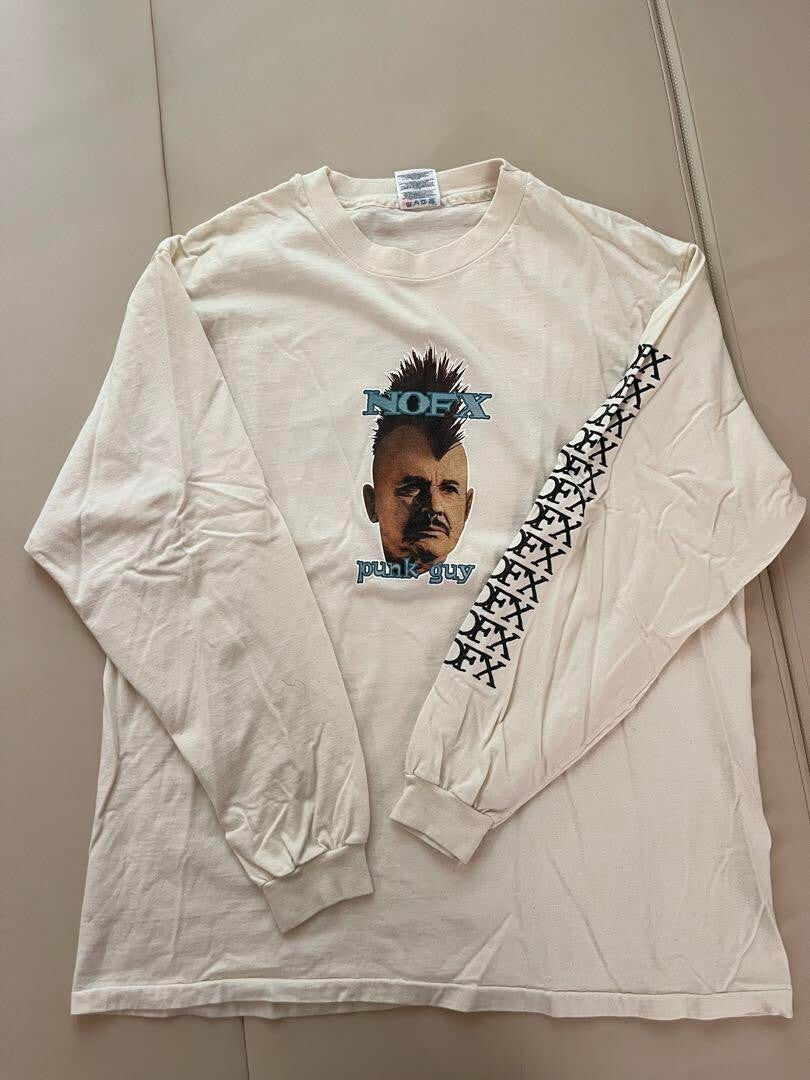 Hanes NOFX Long Sleeve T-Shirts Punk Guy 90s Mens Top Size XL White Vintage Used