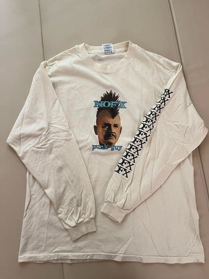 Hanes NOFX Long Sleeve T-Shirts Punk Guy 90s Mens Top Size XL White Vintage Used