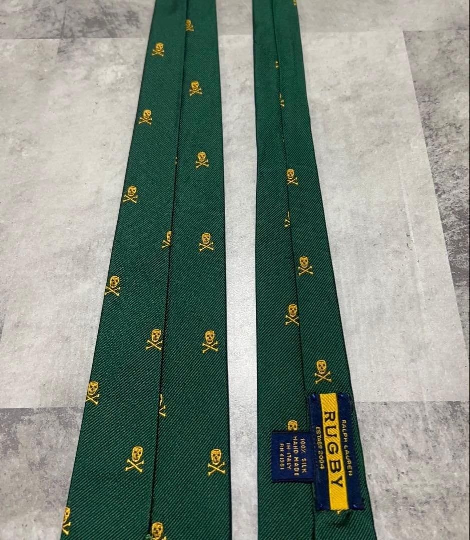 Ralph Lauren Rugby Skull Crossbones Green Silk Necktie Rare Discontinued Mint