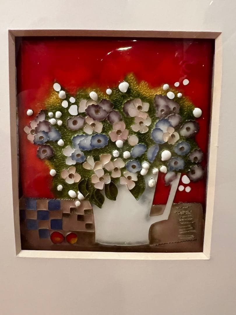 Cloisonné enamel wall decoration vase, Showa retro style, with framed painting.