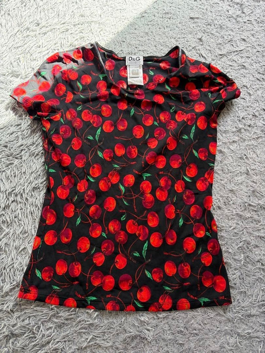 Vintage Dolce & Gabbana Cherry Print T-Shirt Black Red Y2K Baby Tee Size S