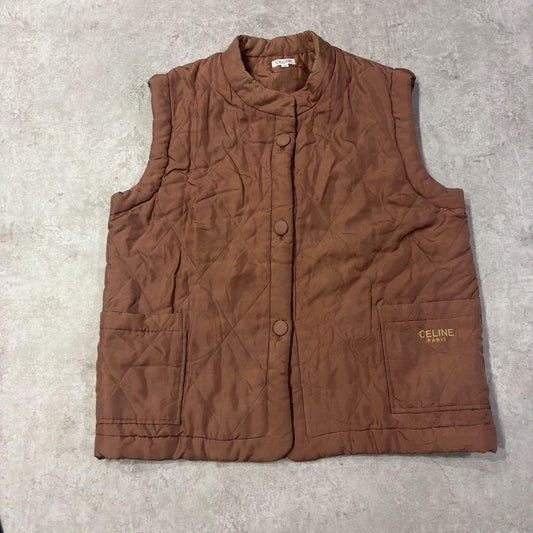 90s CELINE Quilted Vest Logo Embroidery Size M Vintage Used