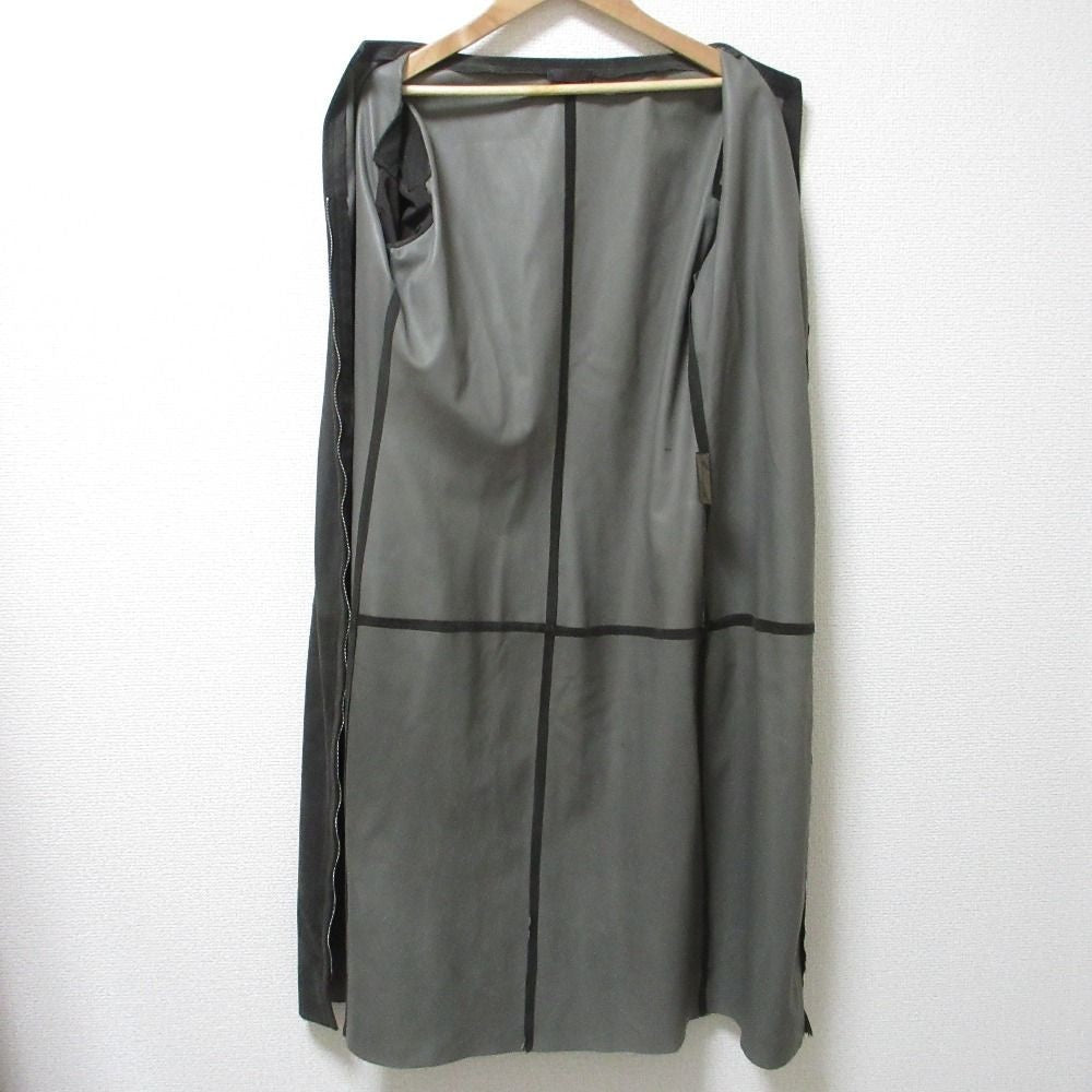 LOEWE Vintage Leather Double Zip Long Coat No Collar Charcoal Gray Women USED