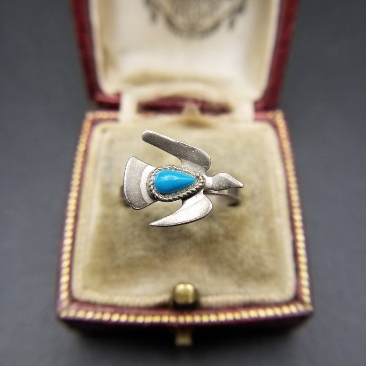 UP TOP Bird Motif Turquoise Blue Ethnic 925 Silver Vintage Ring Thunderbird
