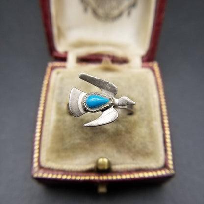 UP TOP Bird Motif Turquoise Blue Ethnic 925 Silver Vintage Ring Thunderbird