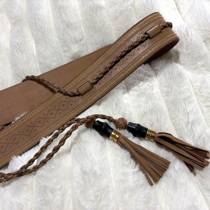 Ultra Rare GUCCI Bamboo Tassel Wrap Sash Belt Perforated Brown Leather Italy