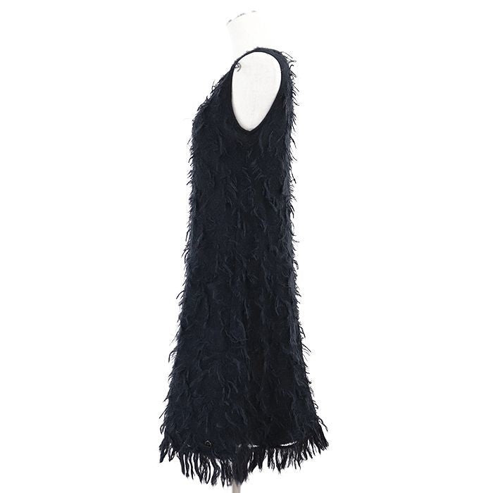 CHANEL 09A P36107 Mohair Fringe Sleeveless Dress Women Size 38 Dark-Navy