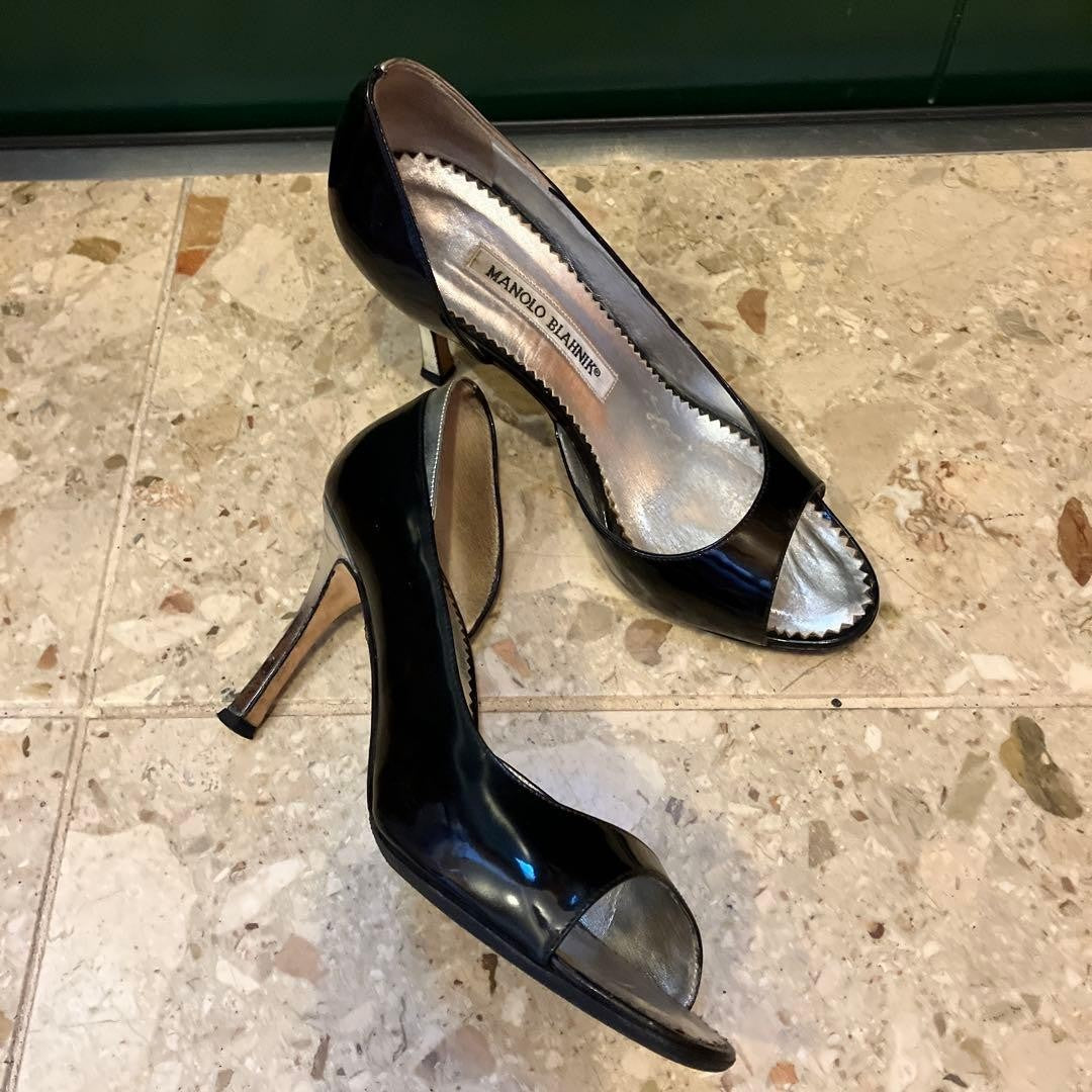 Rare Manolo Blahnik Open Toe Heels Size EU36 / US6 Black Silver Pin Heels Pumps