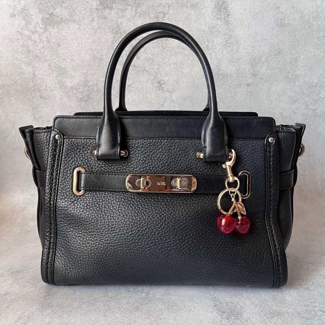 Coach 2way Leather Shoulder Bag Navy Pebbled Gold Turn Lock Detachable Strap