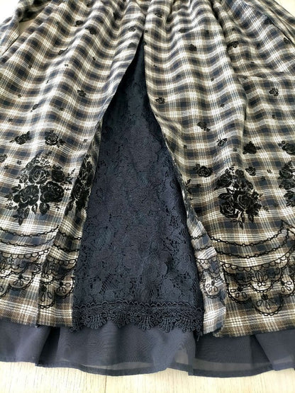 Axes Femme Plaid Embroidery Ribbon Dress Navy Japan