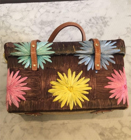 Kate Spade Floral Wicker Tote Bag Brown Summer Shoulder Handbag Casual MBb0279