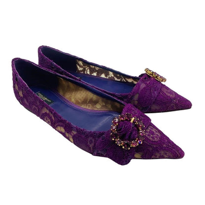 Dolce&Gabbana Women 8.0US Purple Lace Bijou Flat Shoes Luxury Elegant Classic
