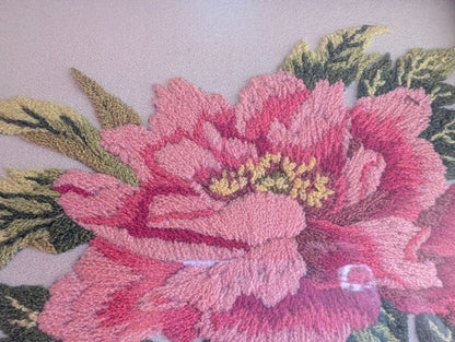 Hand-embroidered Peony Artwork Framed in a Tea-Colored Frame with Surface Glass