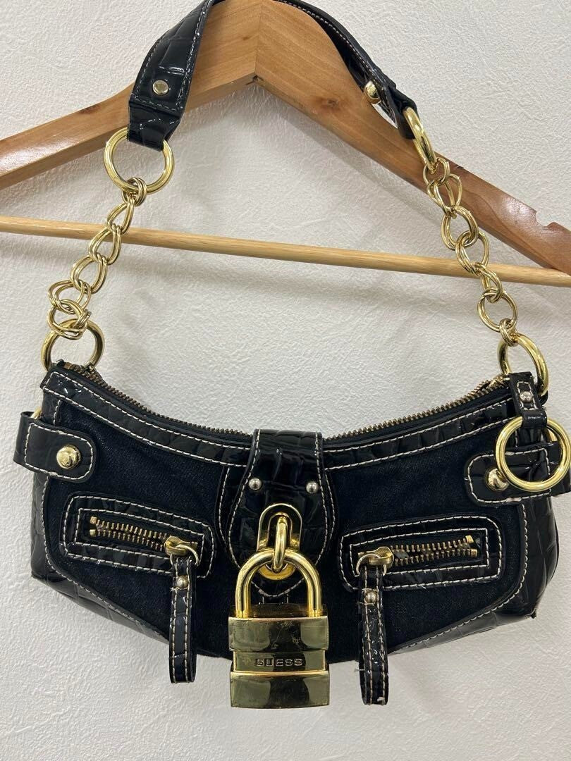 Guess Chain Shoulder Bag Purse w/Padlock Y2K Black Faux Leather USED from japan