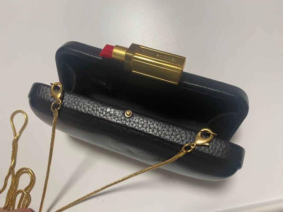 Lulu Guinness Lipstick Clasp Chain Shoulder Clutch Bag Purse BLK USED w/Dust Bag