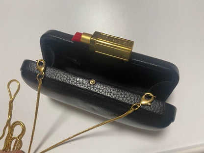 Lulu Guinness Lipstick Clasp Chain Shoulder Clutch Bag Purse BLK USED w/Dust Bag