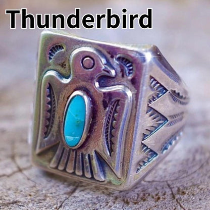 Men's Ring, Eagle Turquoise Ring, Silver, Indian Vintage, US Size 11